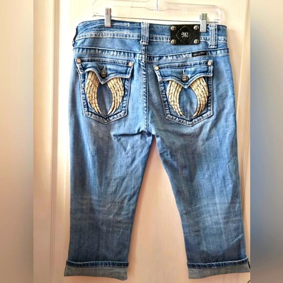 Miss Me Blue Cropped Jeans with Gold Accents - Size 32